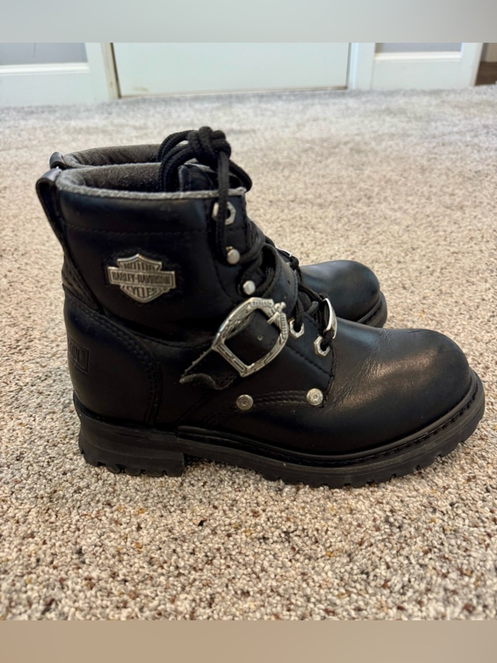 Harley-Davidson Women’s Black Leather Biker Boots with Silver Buckle